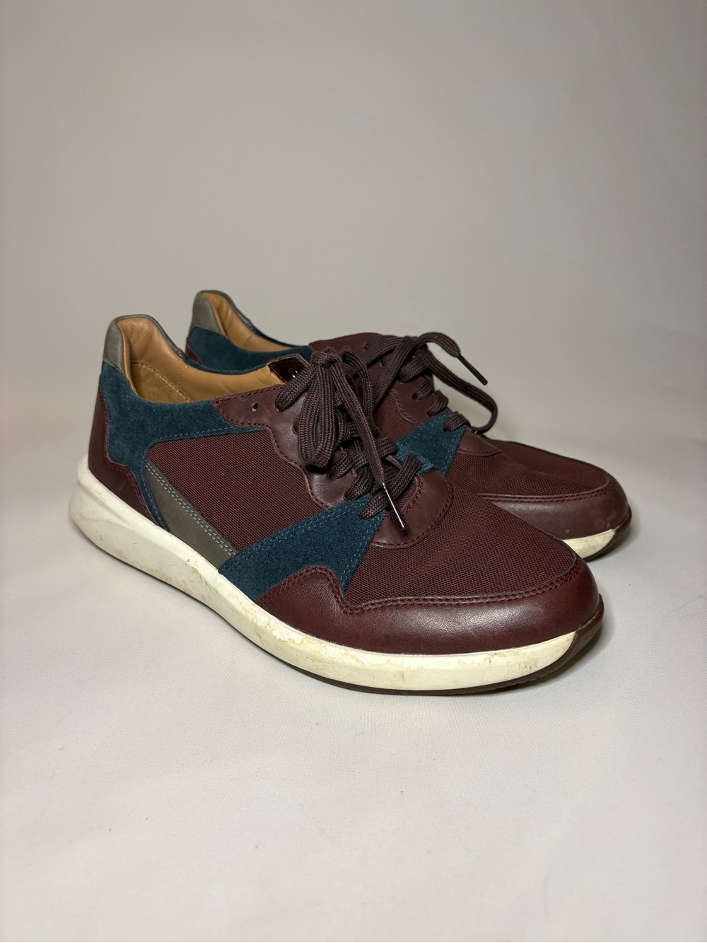Clarks Un Rio Run Women's Sneakers Burgundy Navy Leather Suede Trainers Size 8‎